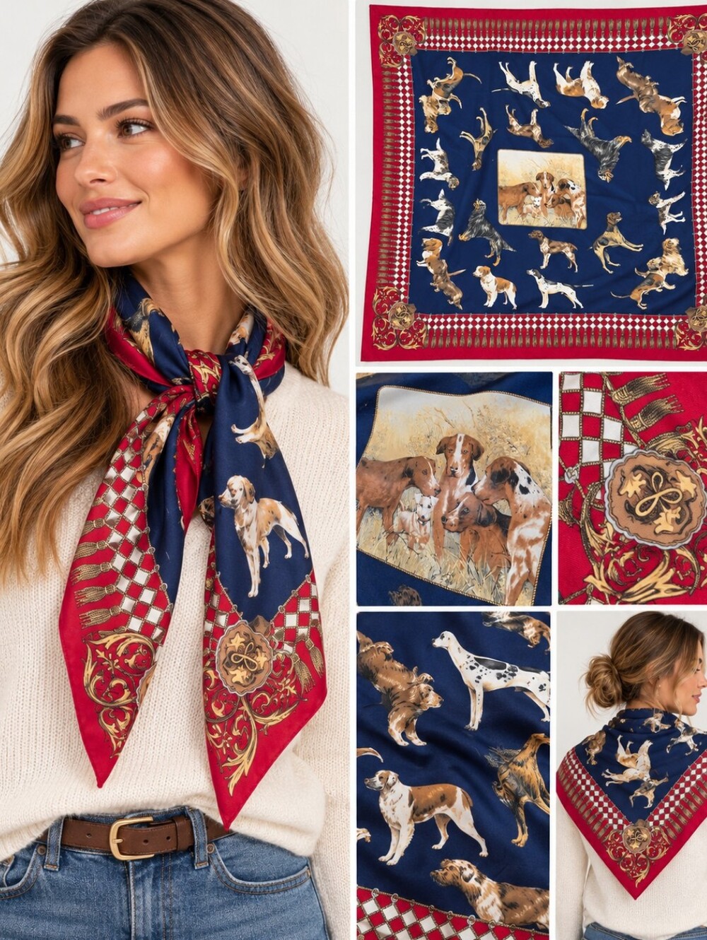Vintage Style Dog Print Square Scarf Navy Red Gold Equestrian Baroque Silky